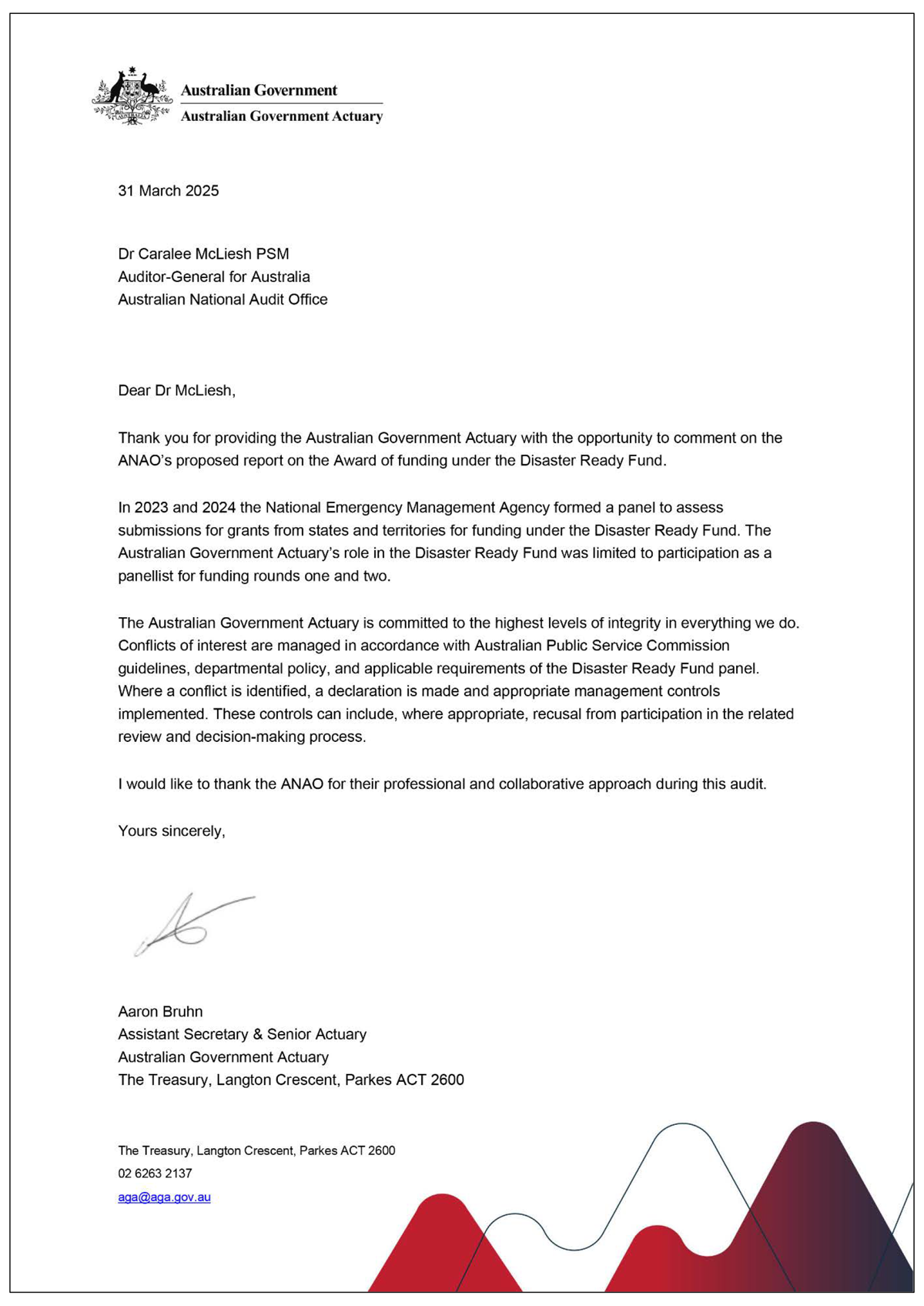 Page one of the response from AGA. A summary of the response can be found in the summary and recommendations chapter.