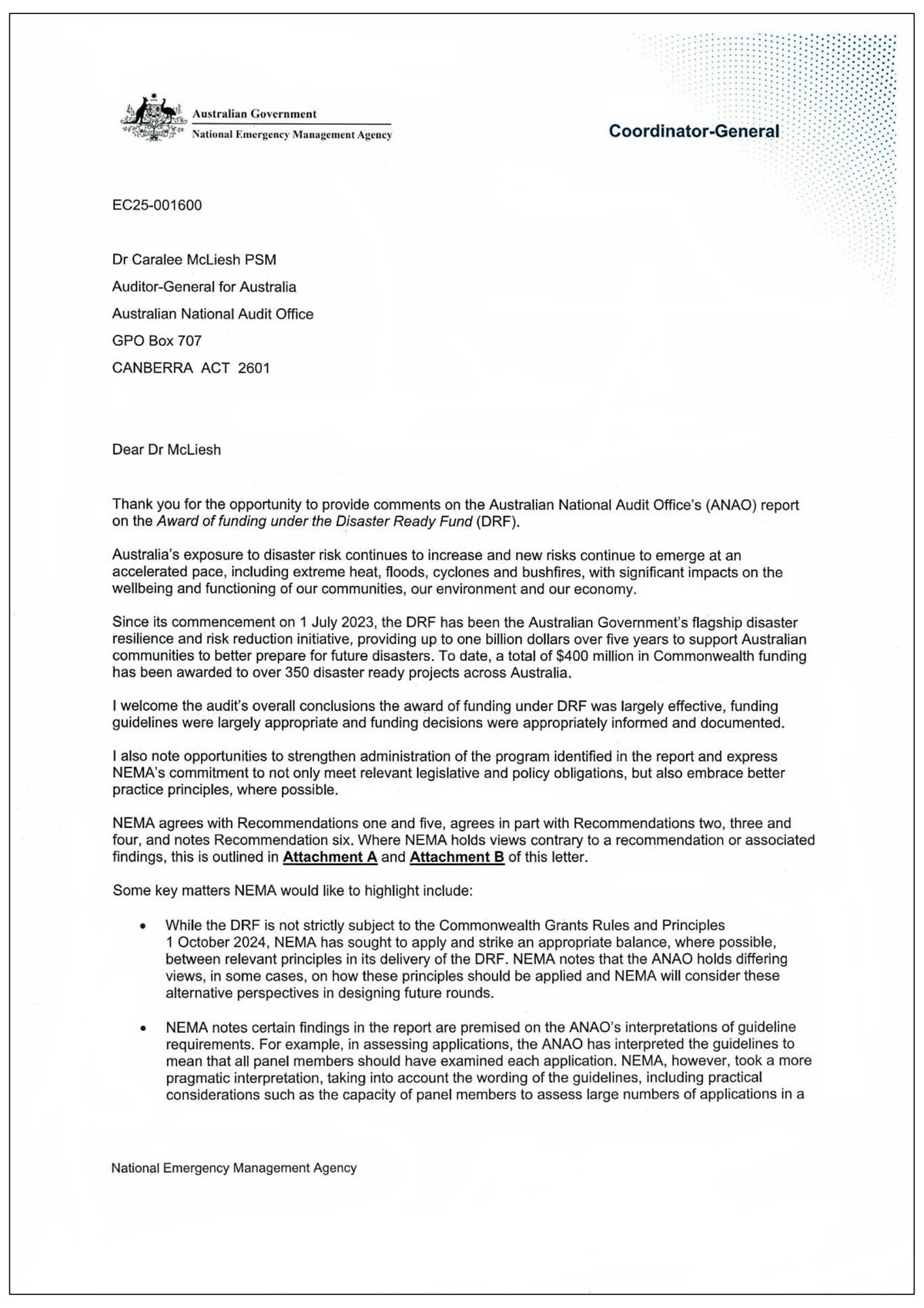 Page one of the response from NEMA. A summary of the response can be found in the summary and recommendations chapter.