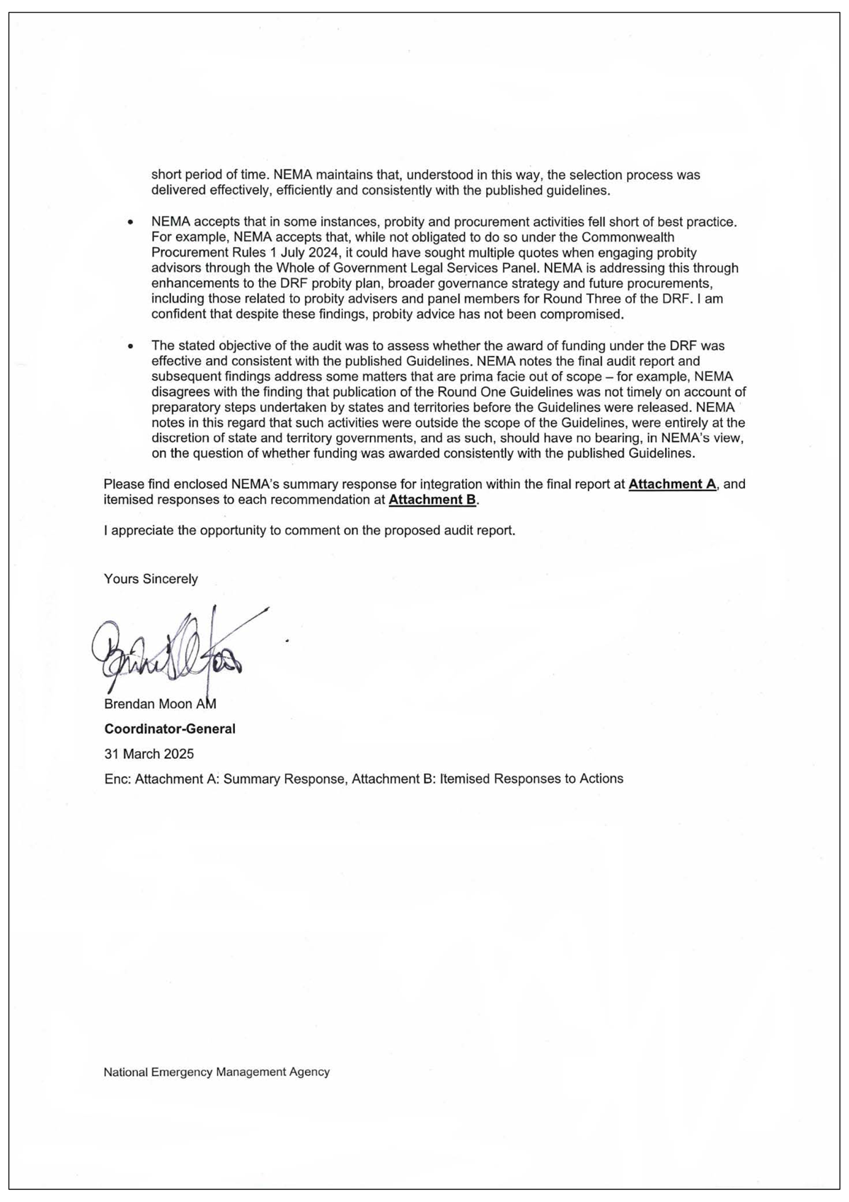 Page two of the response from NEMA. A summary of the response can be found in the summary and recommendations chapter.