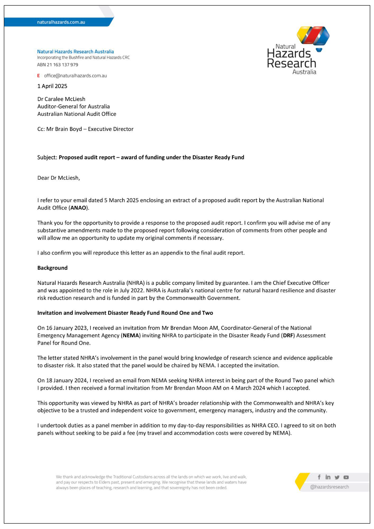 Page one of the response from NHRA. A summary of the response can be found in the summary and recommendations chapter.