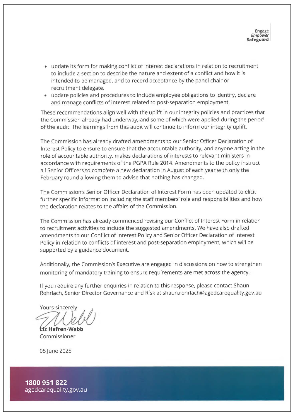 Page two of the response from ACQSC. A summary of the response can be found in the summary and recommendations chapter.