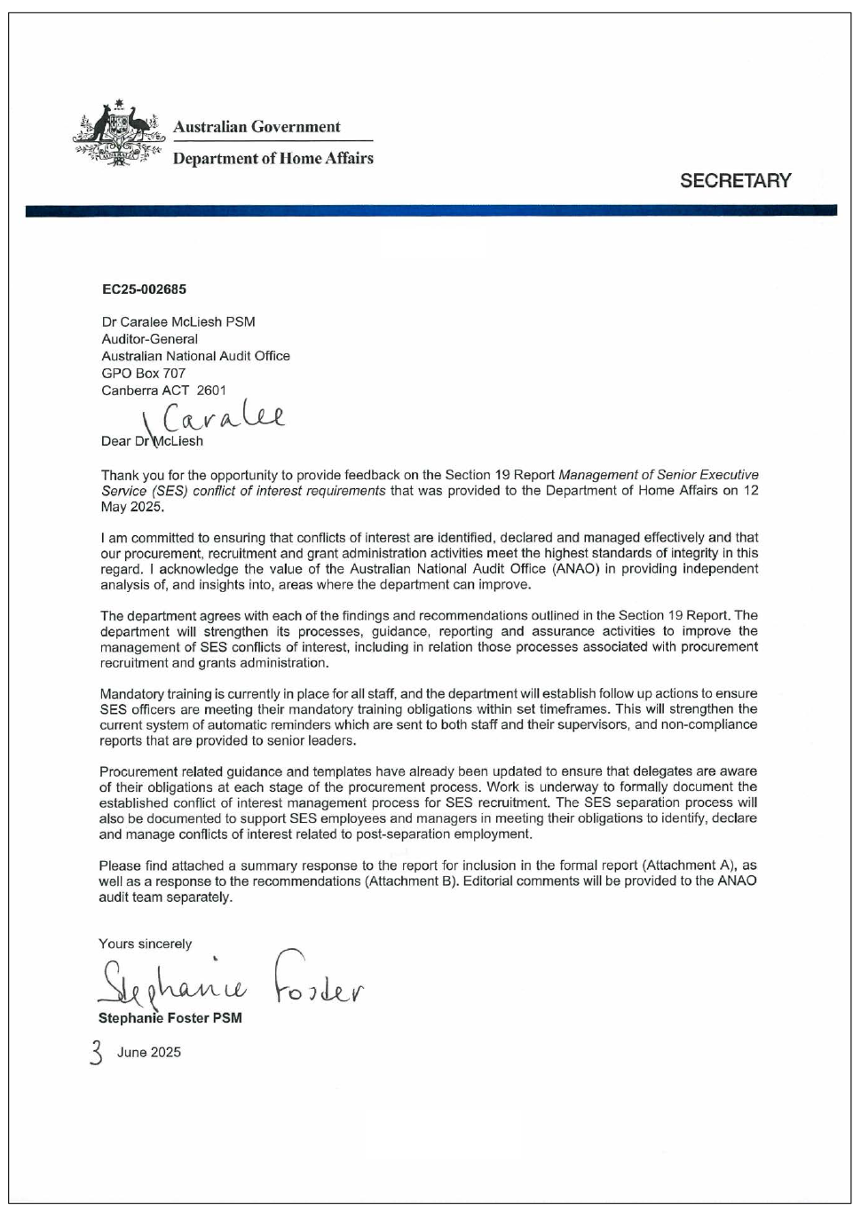 Page one of the response from Home Affairs. A summary of the response can be found in the summary and recommendations chapter.