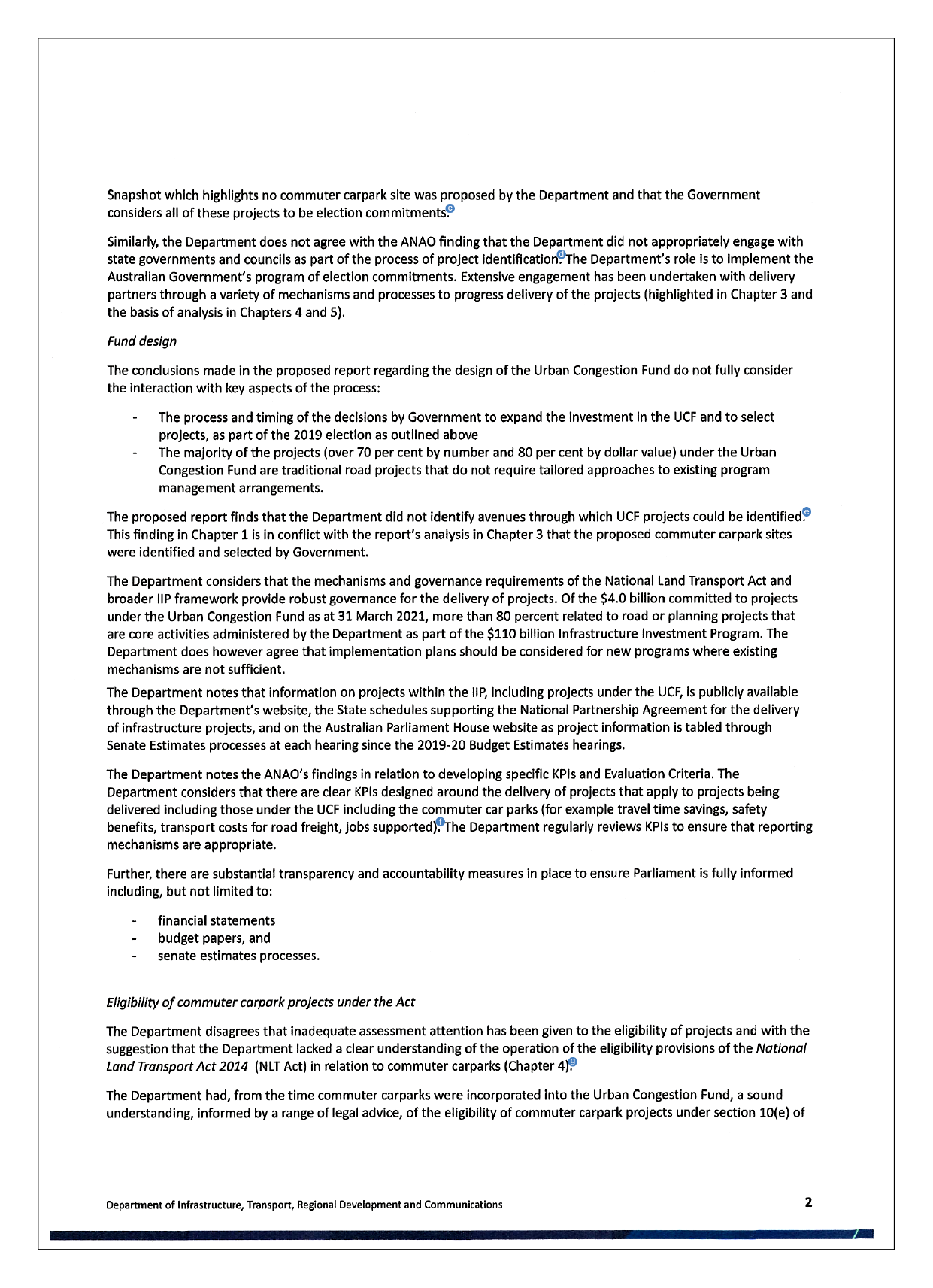 Page 2 of the response from the Department of Infrastructure, Transport, Regional Development and Communications Page 2 of the response from the Department of Infrastructure, Transport, Regional Development and Communications