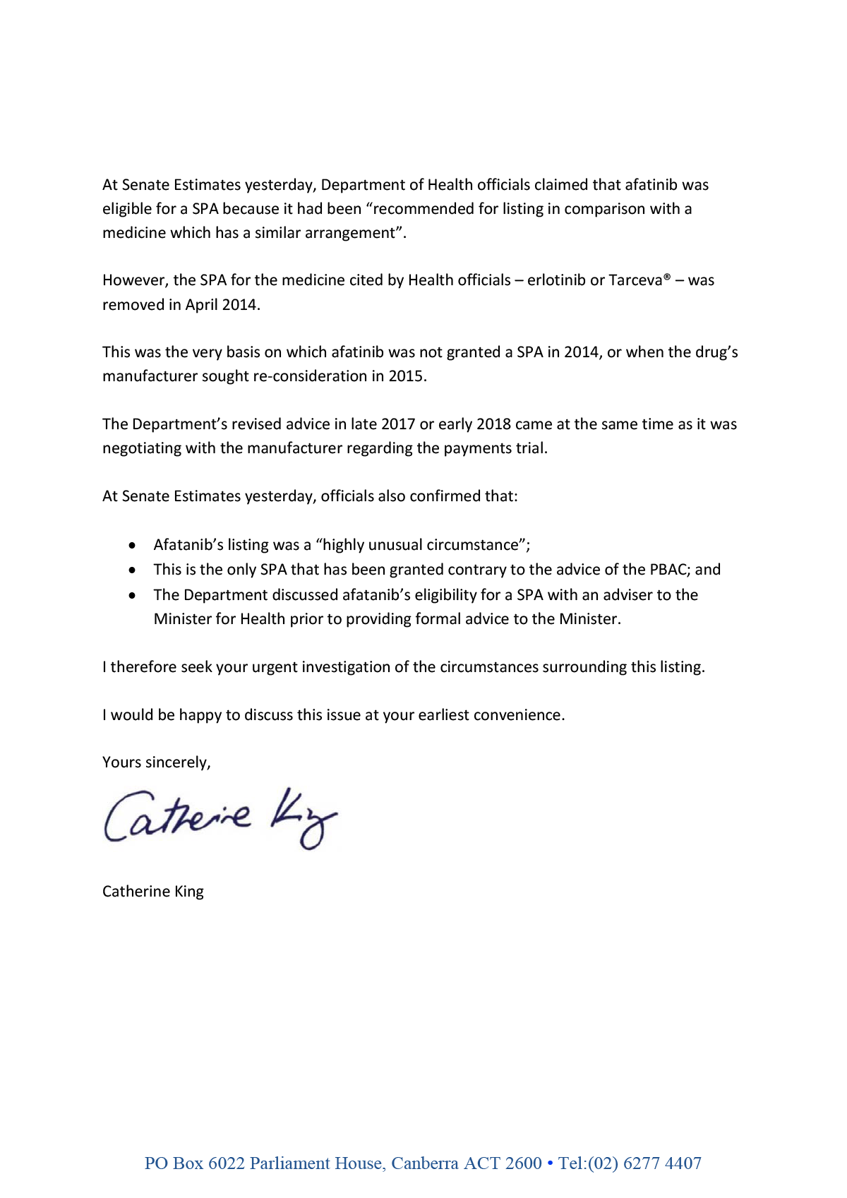 Page 2 of the Hon Catherine King MP's request for audit