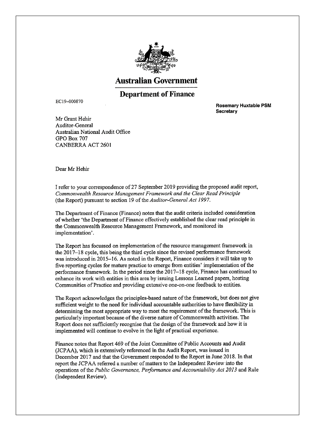 Page 1 of the Department of Finance's response