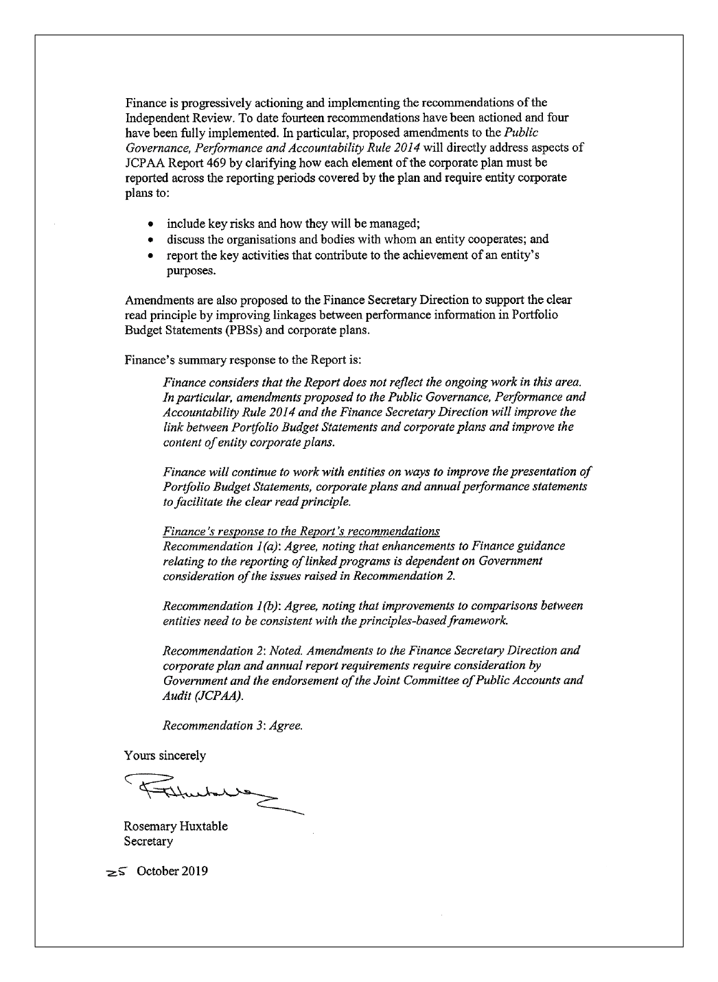 Page 2 of the Department of Finance's response