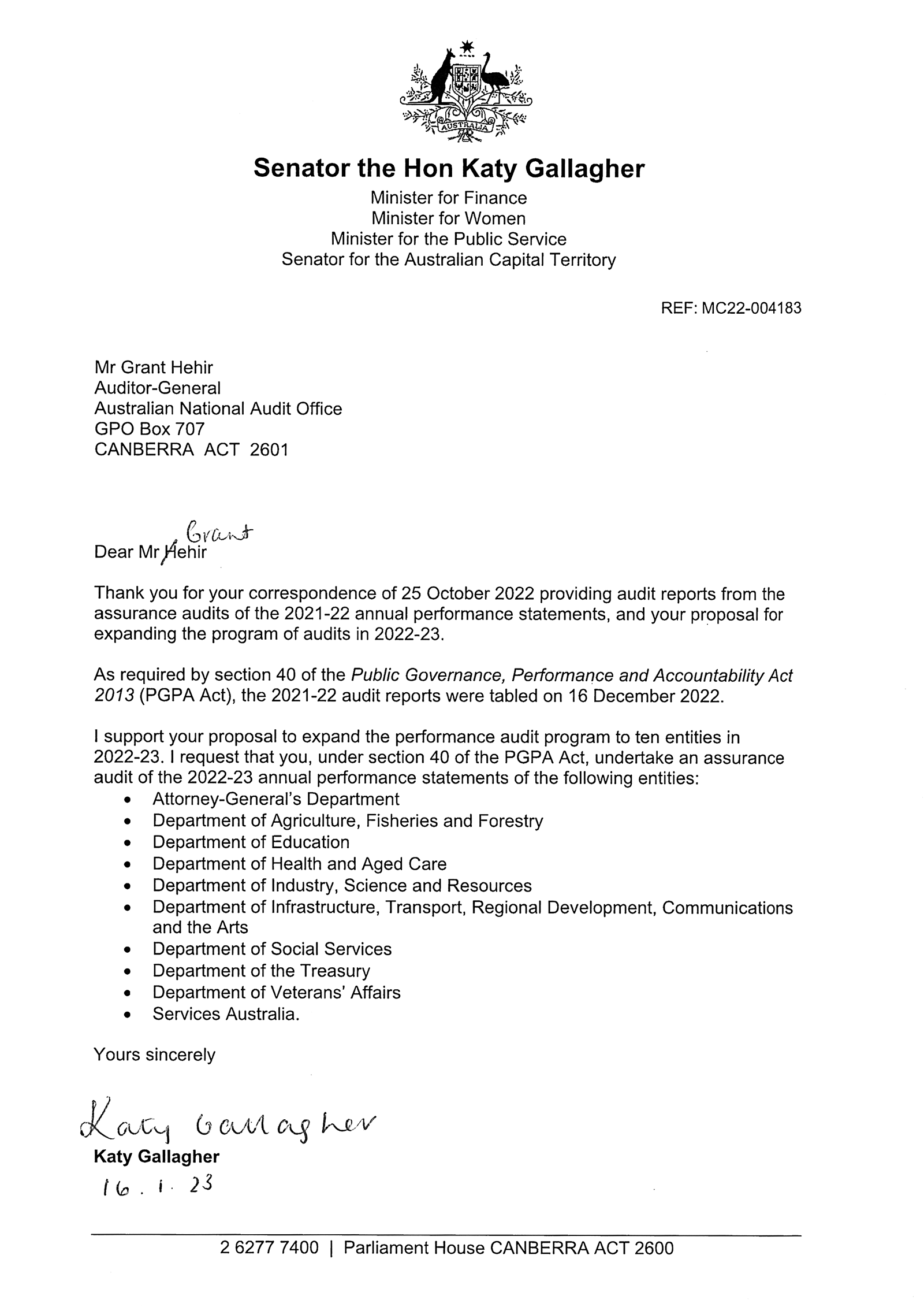 Minister for Finance letter