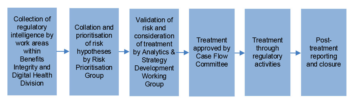 This figure depicts six steps: the collection of regulatory intelligence, the collation and prioritisation of risk hypotheses, validation of the risk and consideration of treatment, the approval of treatment by the Case Flow Committee, treatment through regulatory activities, and post-treatment reporting and closure.