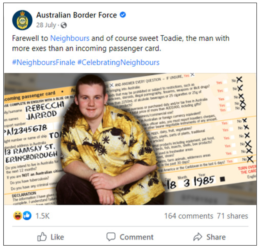 A screen shot of a tweet by the Australian Border Force about the television show Neighbours. 