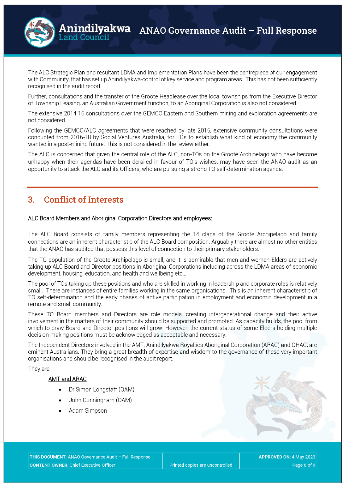 Page seven of the response from the Anindilyakwa Land Council. A summary of the response can be found in the summary and recommendations chapter.