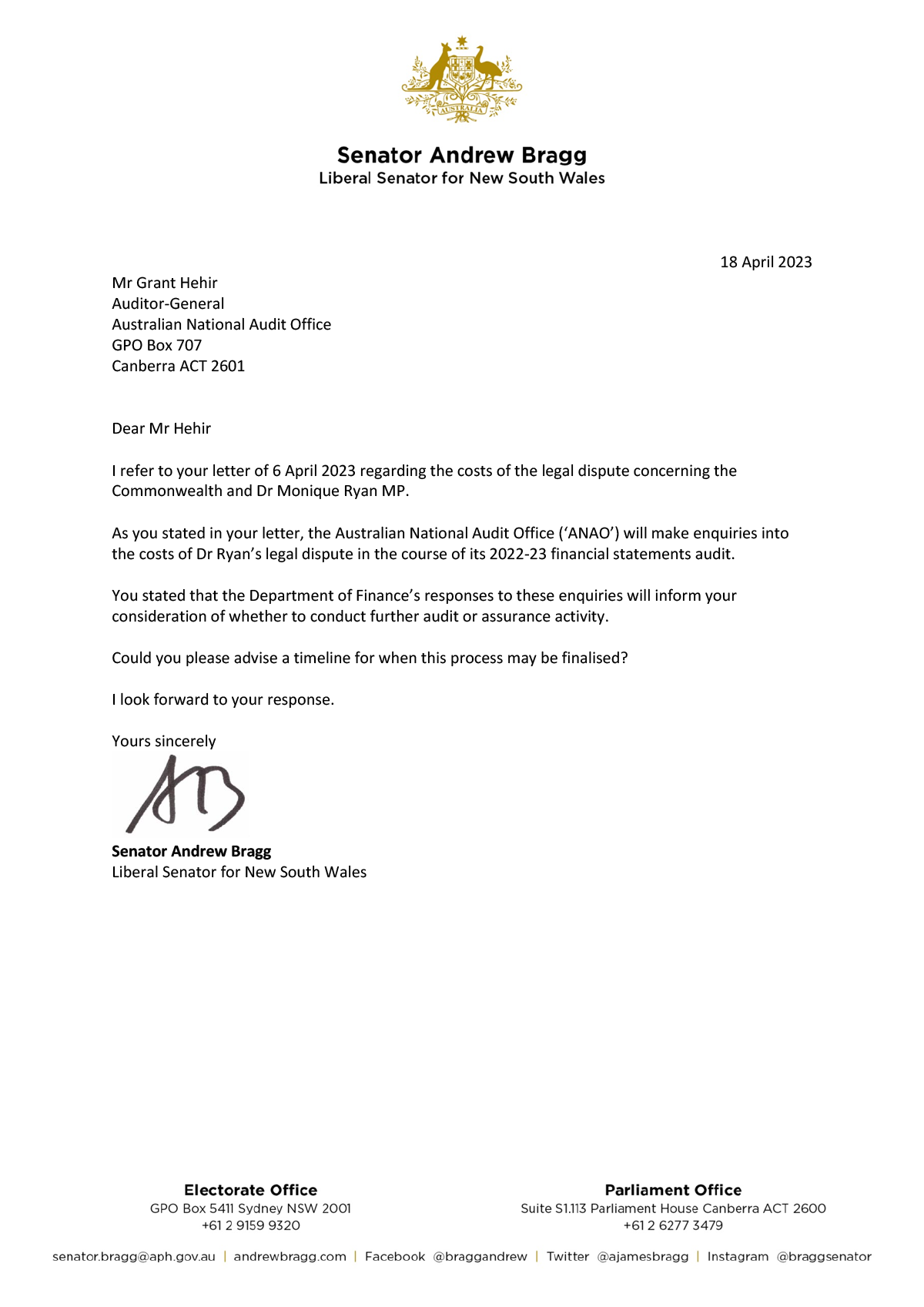 Letter from Senator Andrew Bragg