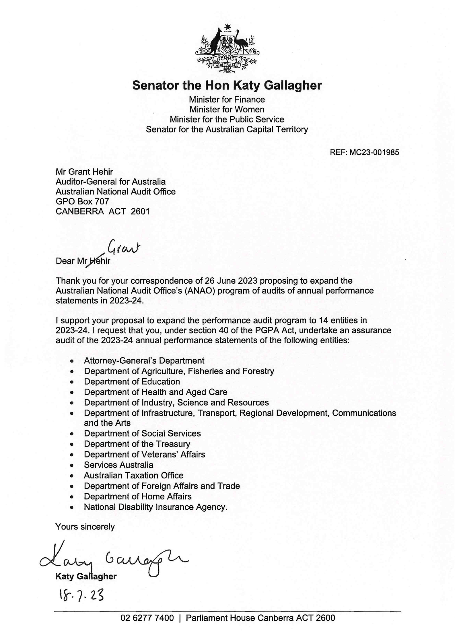 Minister for Finance letter