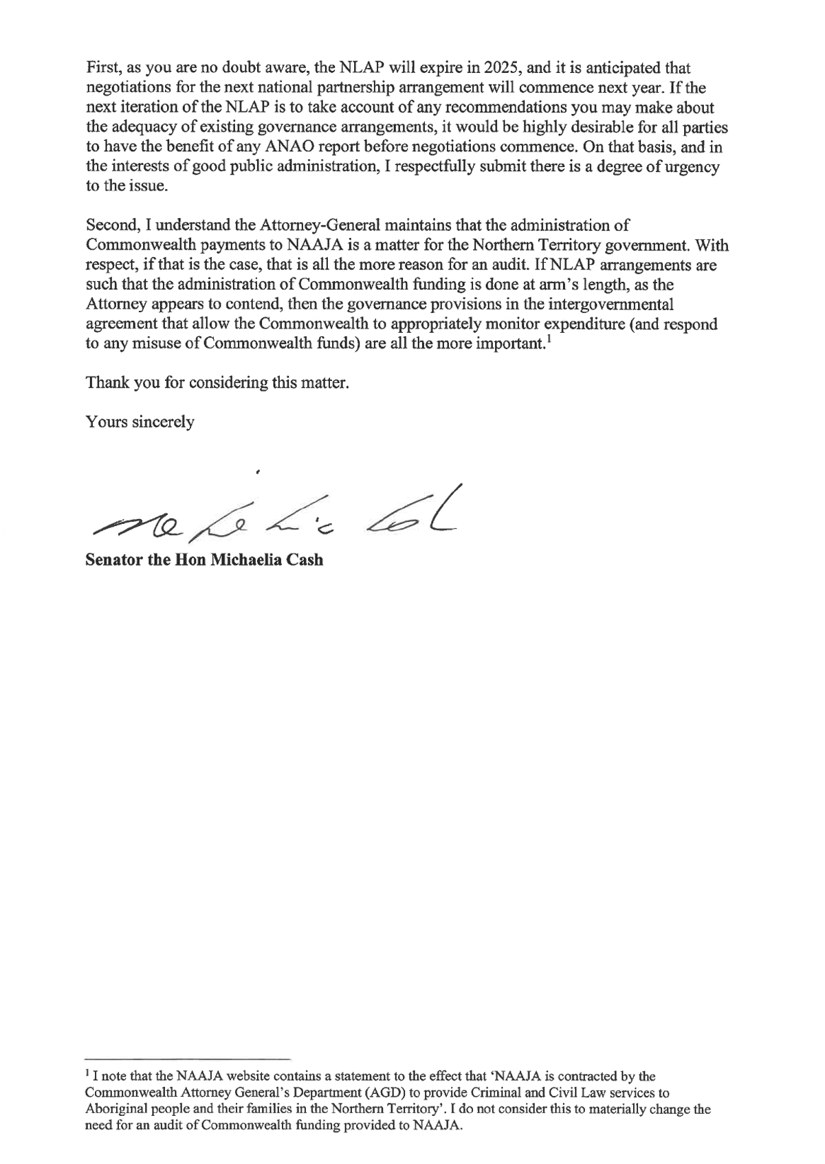 Correspondence from Senator the Hon. Michaelia Cash