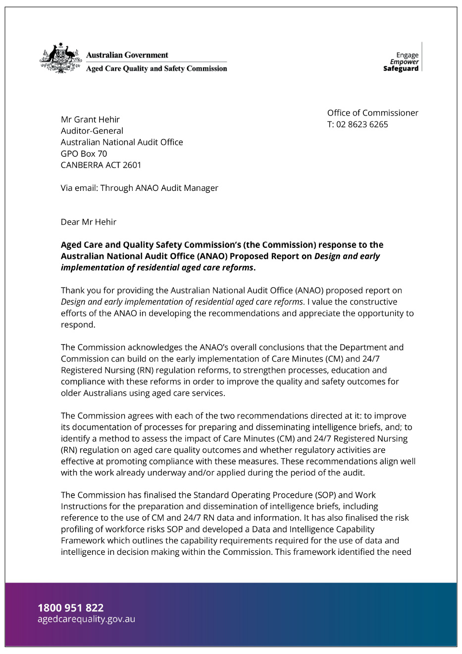 Page one of the response from the Aged Care Quality and Safety Commission. A summary of the response can be found in the summary and recommendations chapter.