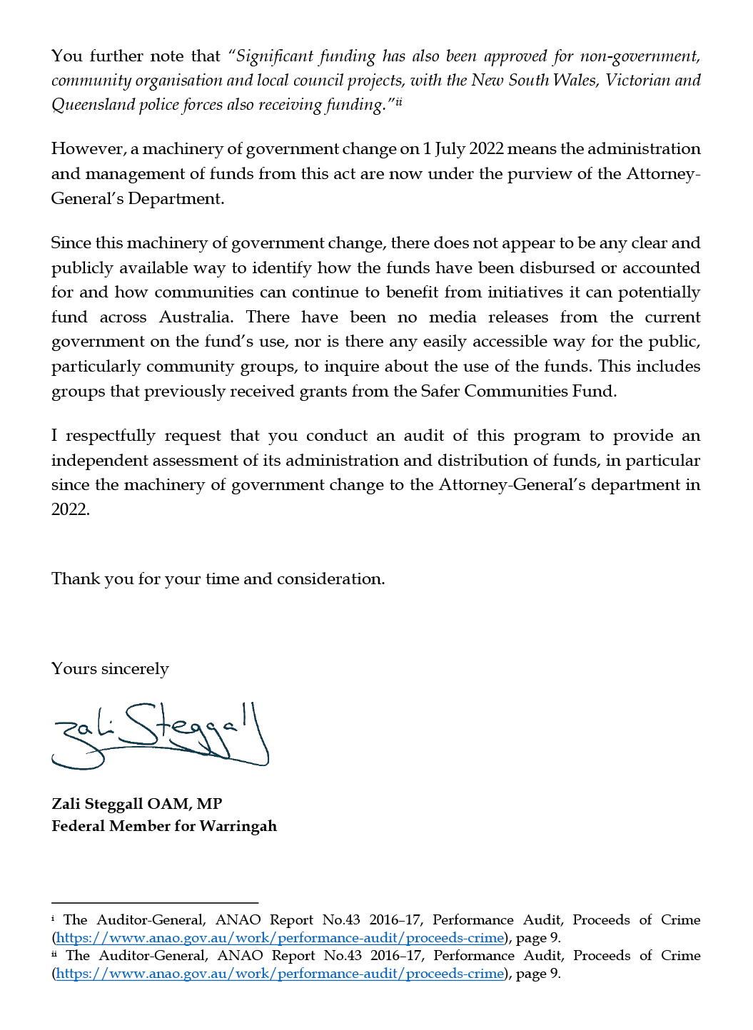 Correspondence from Zali Steggall. A transcript of the correspondence is located on this page. 