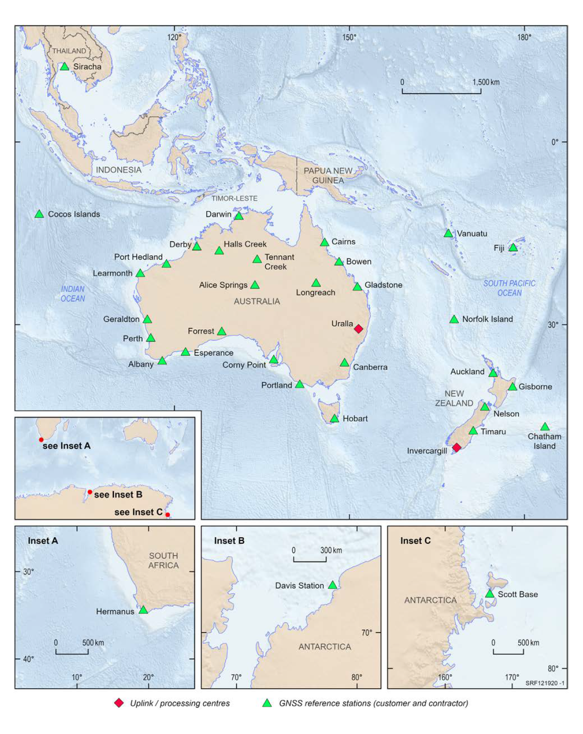 A collection of maps of Australia and surrounding countries, South Africa and Antarctica depicting the 35 dedicated indicative GNSS reference stations. 