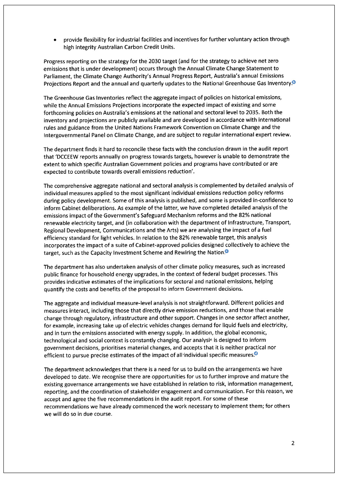 Page two of the response from the Department of Climate Change, Energy, the Environment and Water. A summary of the response can be found in the summary and recommendations chapter.