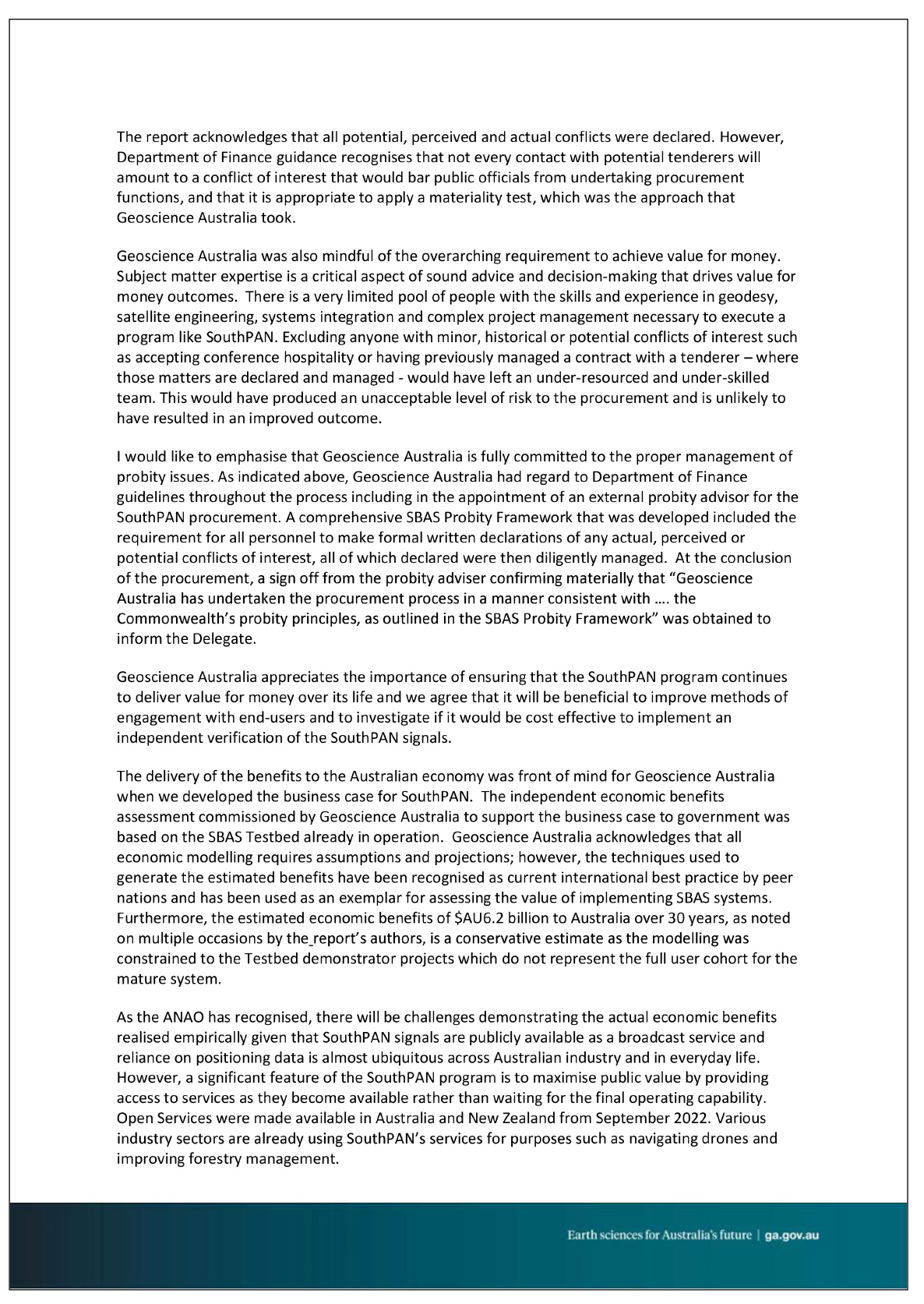 Page one of the response from Geoscince Australia. A summary of the response can be found in the summary and recommendations chapter.