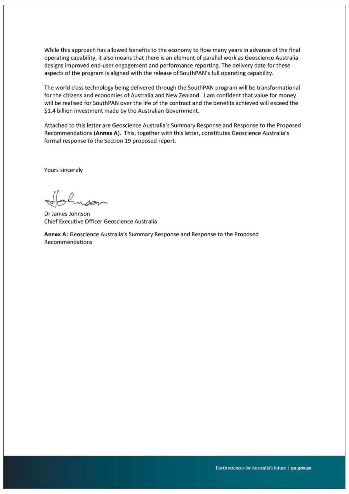 Page one of the response from Geoscince Australia. A summary of the response can be found in the summary and recommendations chapter.