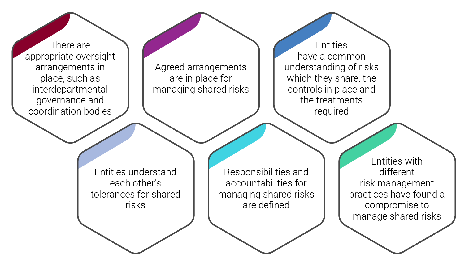 - There are appropriate oversight arrangements in place, such as interdepartmental governance and coordination bodies - Agreed arrangements are in place for managing shared risks - Entities have a common understanding of risks which they share, the controls in place and the treatments required - Entities understand each other's tolerances for shared risks - Responsibilities and accountabilities for managing shared risks are defined - Entities with different risk management practices have found a compromise