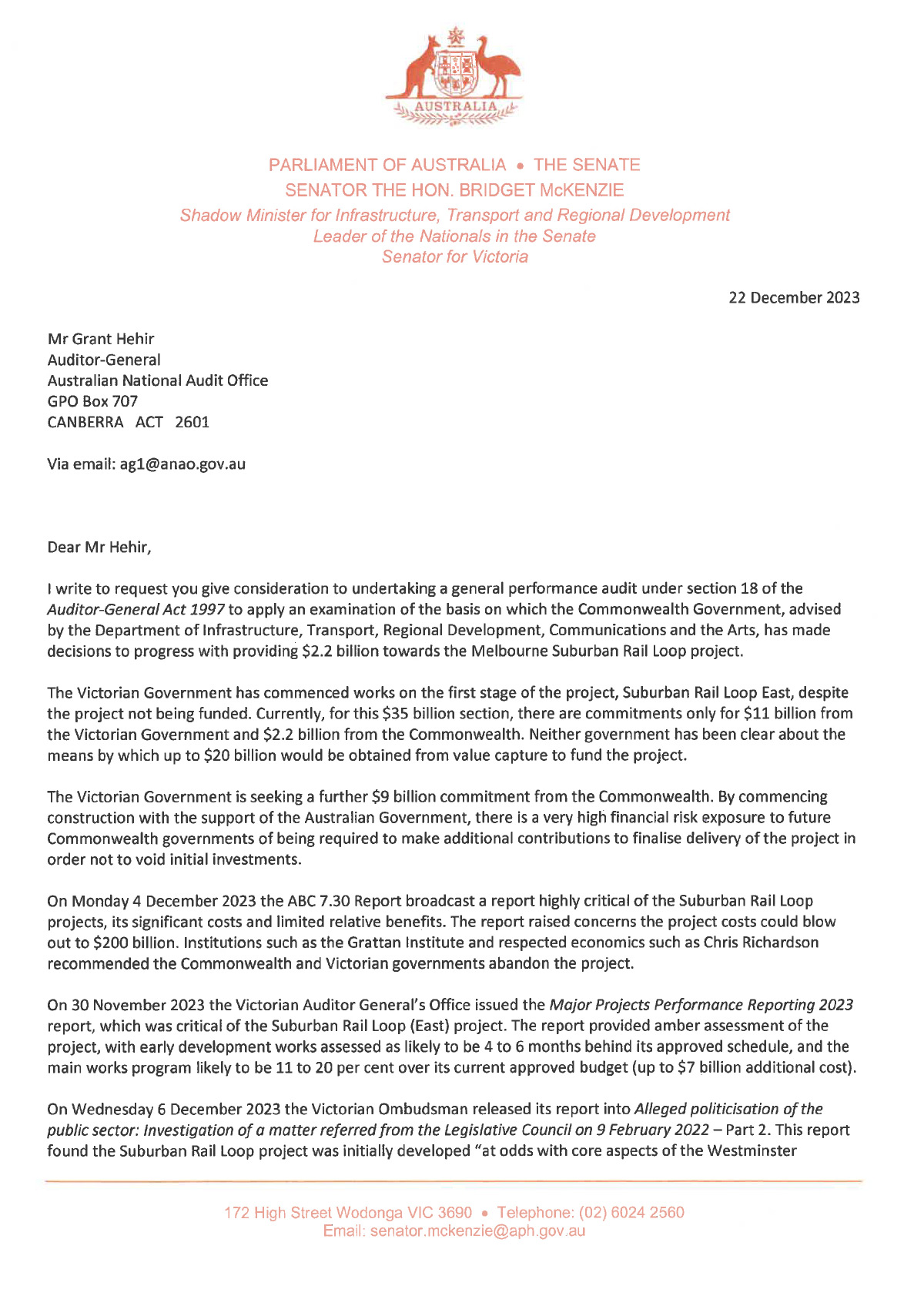 Correspondence from Senator the Hon Bridget McKenzie 22 December 2023 page 1