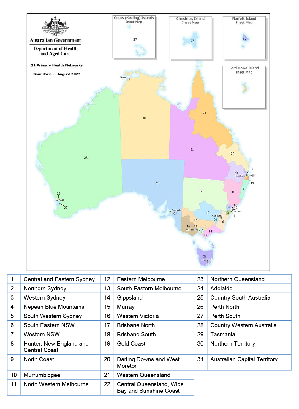 Figure shows a map of Australia that includes the geographical boundaries of each Primary Health Network region. The figure includes a numerical legend to support the identification of Primary Health Network regions shown in the map. 