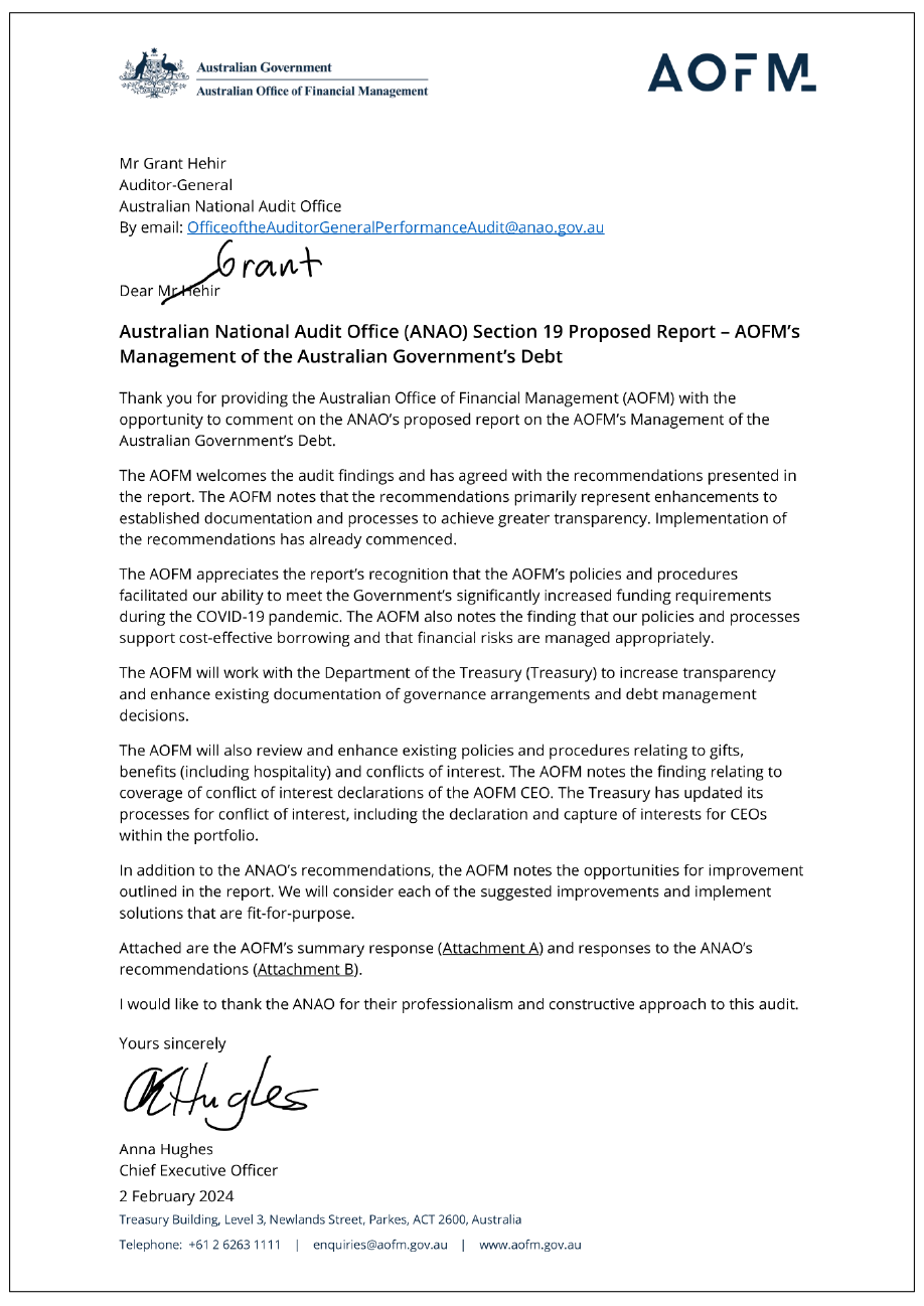 Page one of the response from Australian Office of Financial Management. A summary of the response can be found in the summary and recommendations chapter.