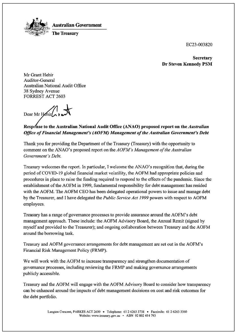 Page one of the response from The Treasury. A summary of the response can be found in the summary and recommendations chapter.