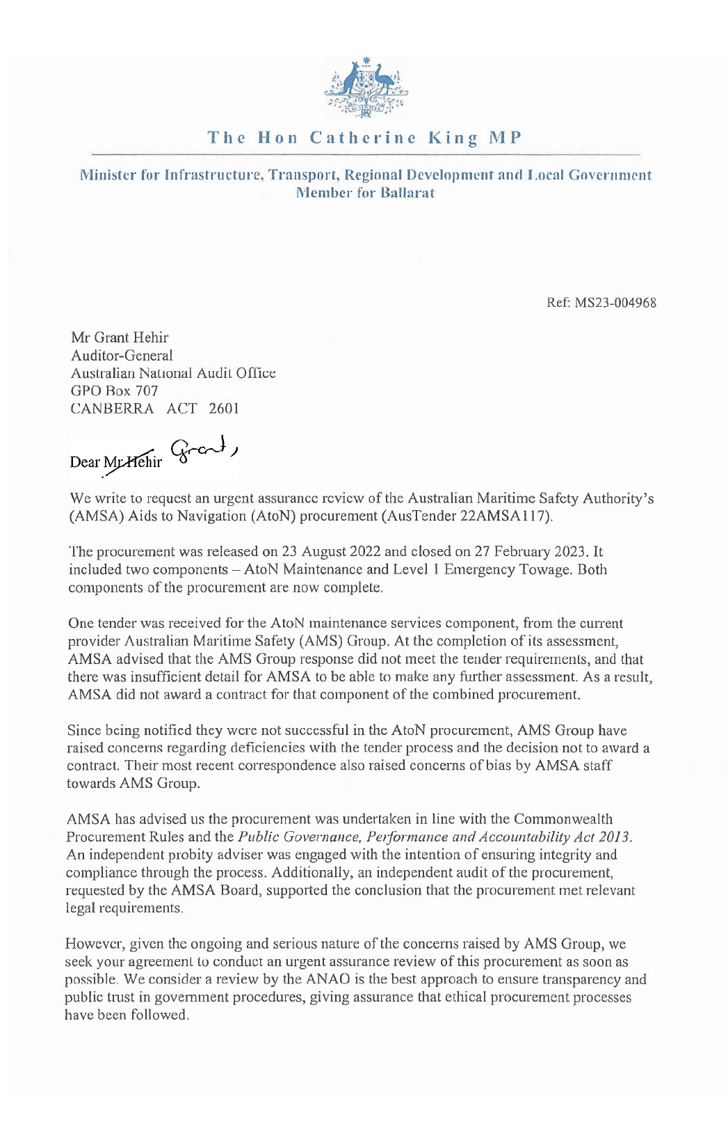 Request for audit letter from Hon Catherine King MP page 1