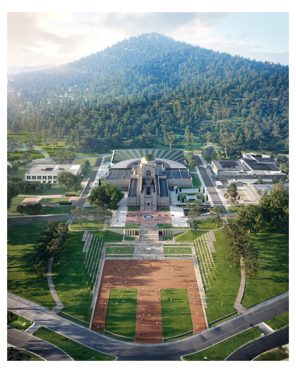 Project rendering of the Australian War Memorial Development Project design viewed from above Anzac Avenue.