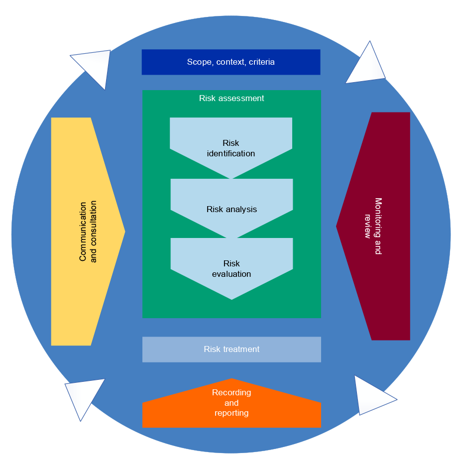 This graphic depicts the inputs to risk assessments and how the risk assessment process should be undertaken, including risk identification, risk analysis, and risk evaluation, through development of a risk treatment.