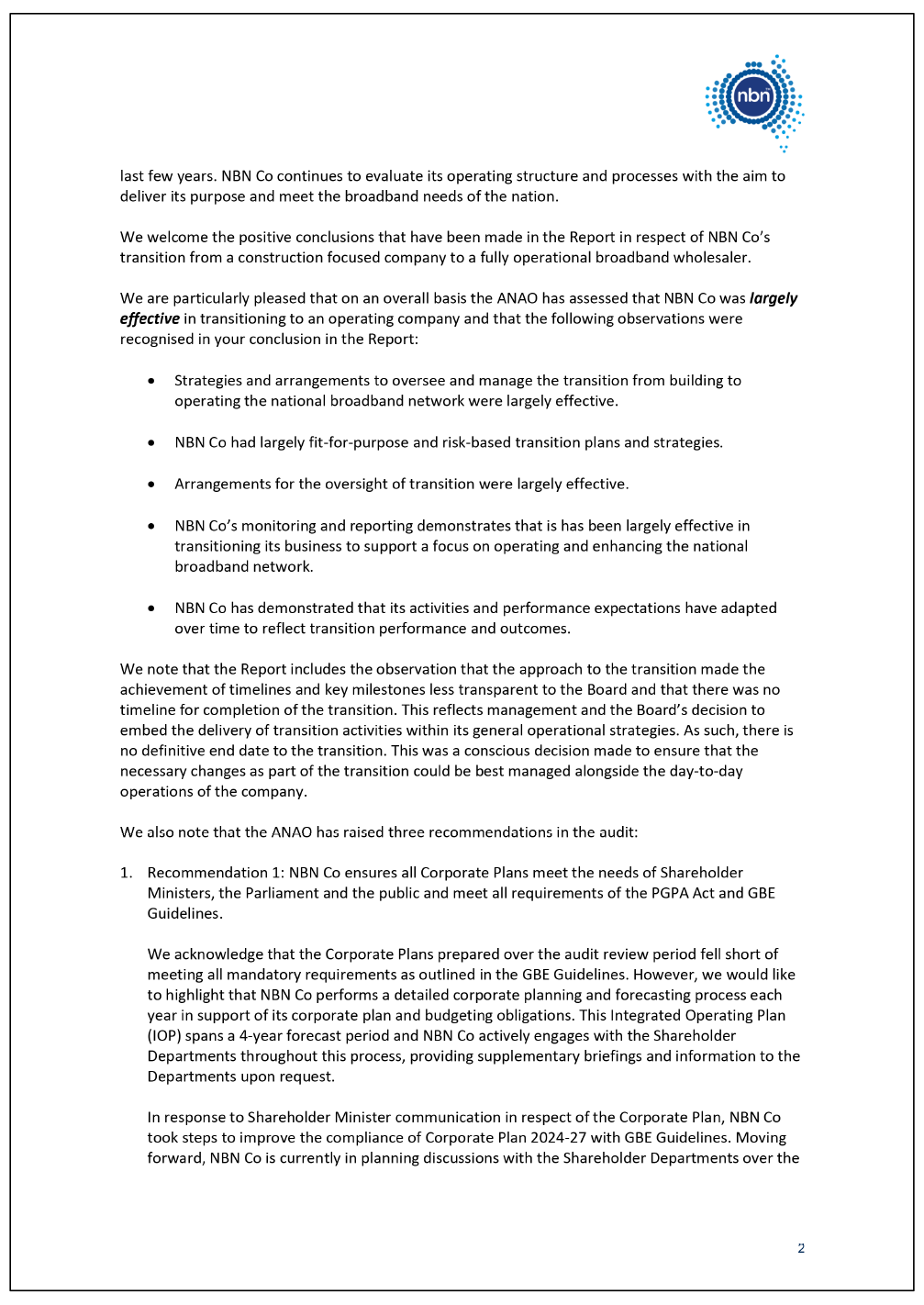 Page two of the response from the NBN. A summary of the response can be found in the summary and recommendations chapter.