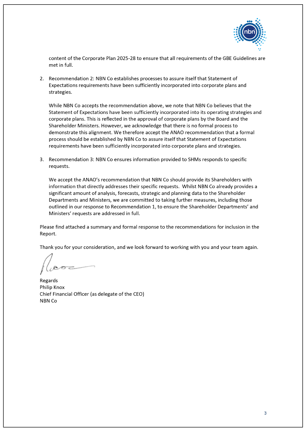 Page three of the response from the NBN. A summary of the response can be found in the summary and recommendations chapter.