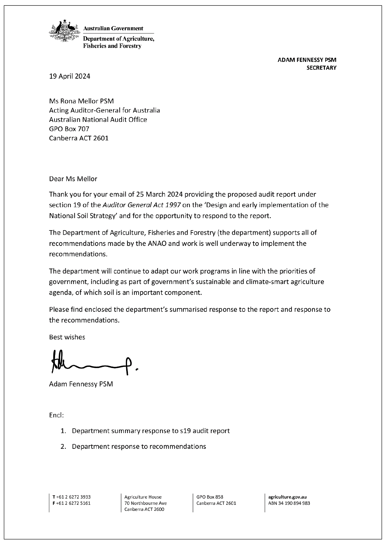 Page one of the response from the DAFF. A summary of the response can be found in the summary and recommendations chapter.