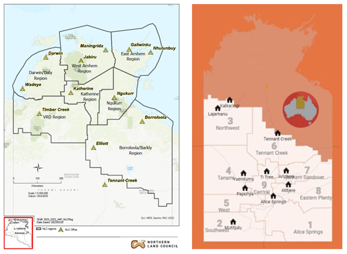 Northern Territory land council areas outlined in the Northern Territory map.