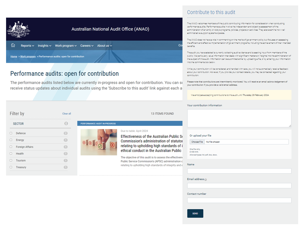 ANAO citizen contribution feature on performance audits.