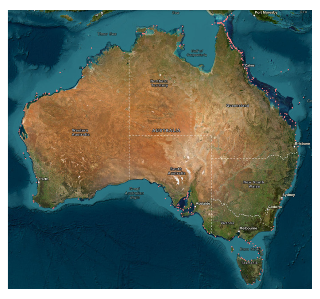  An image of a map of Australia showing the 380 locations of the AMSA administered network of AtoN around Australia’s coastline.