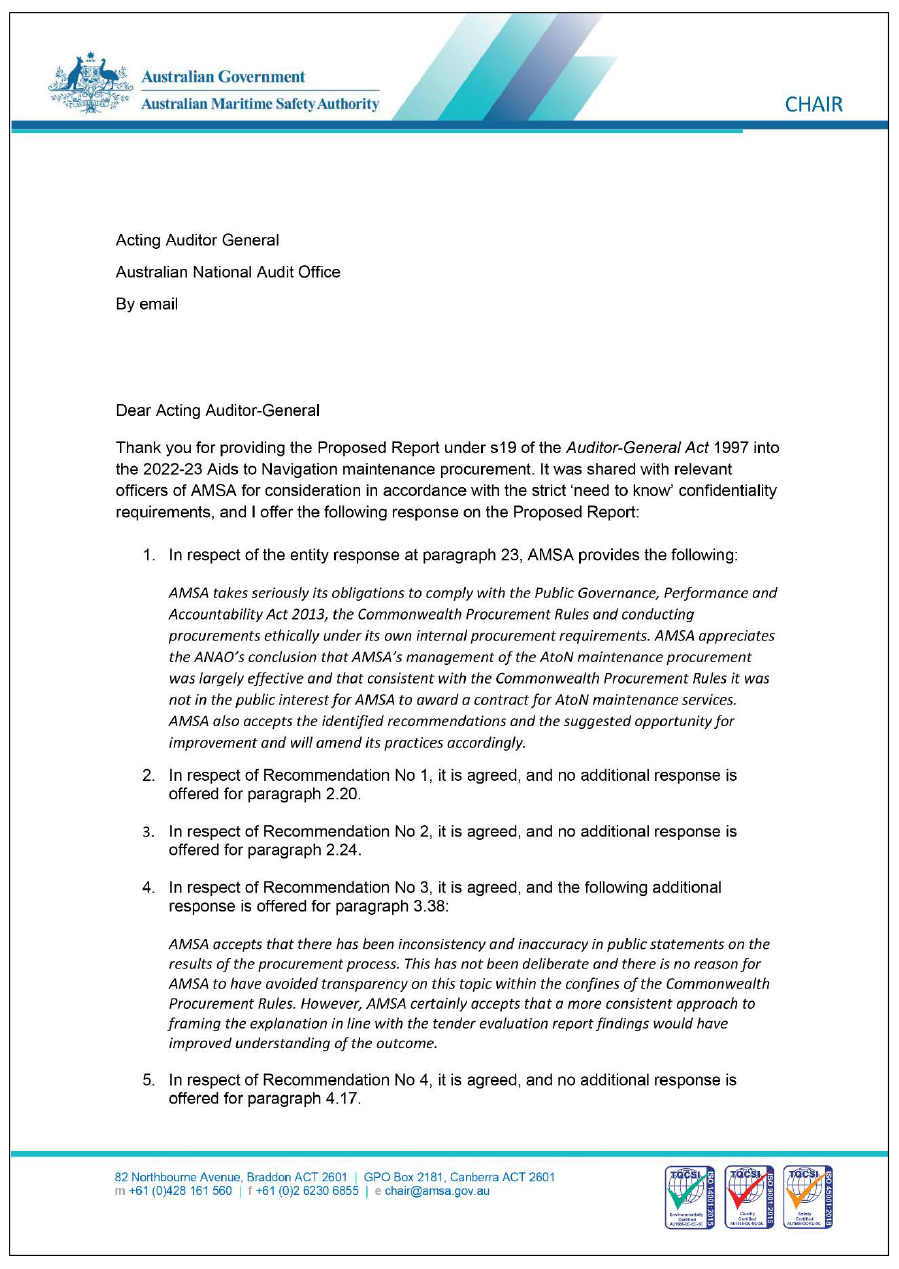 Page one of the response from AMSA. A summary of the response can be found in the summary and recommendations chapter.