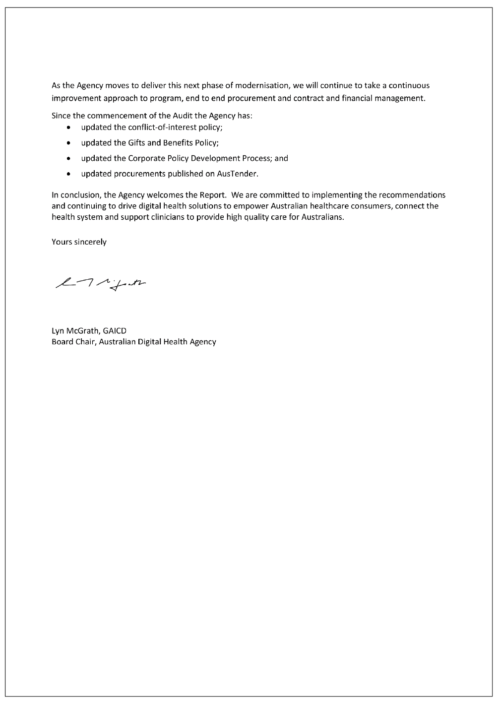 Page three of the response from the ADHA. A summary of the response can be found in the summary and recommendations chapter.