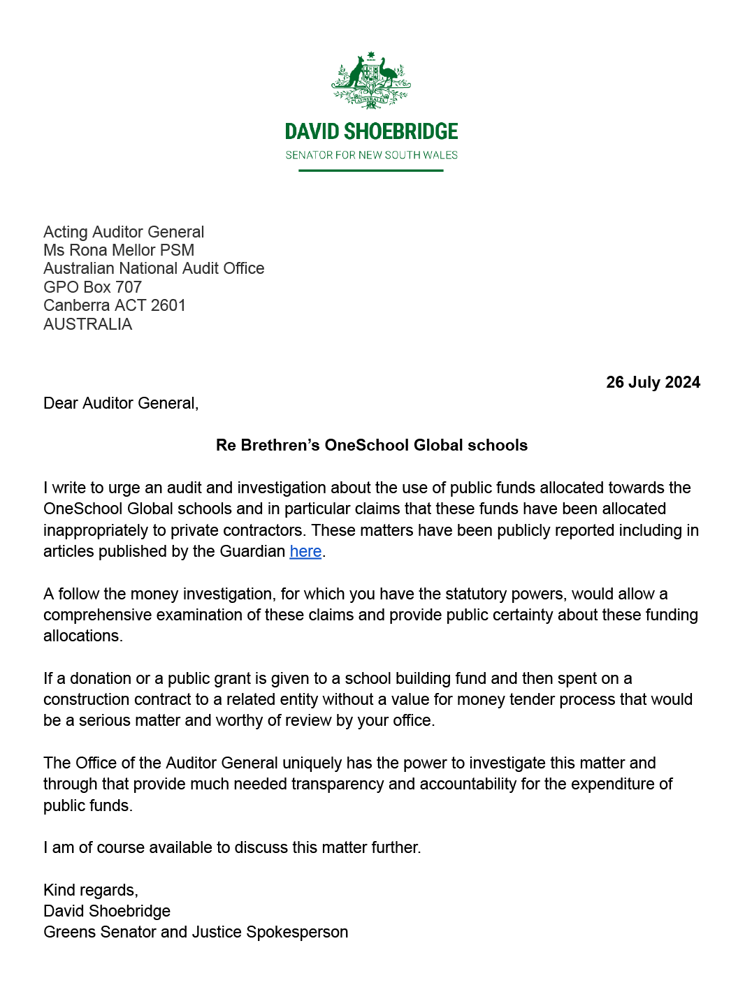 Correspondence from Senator David Shoebridge OneSchool Global schools