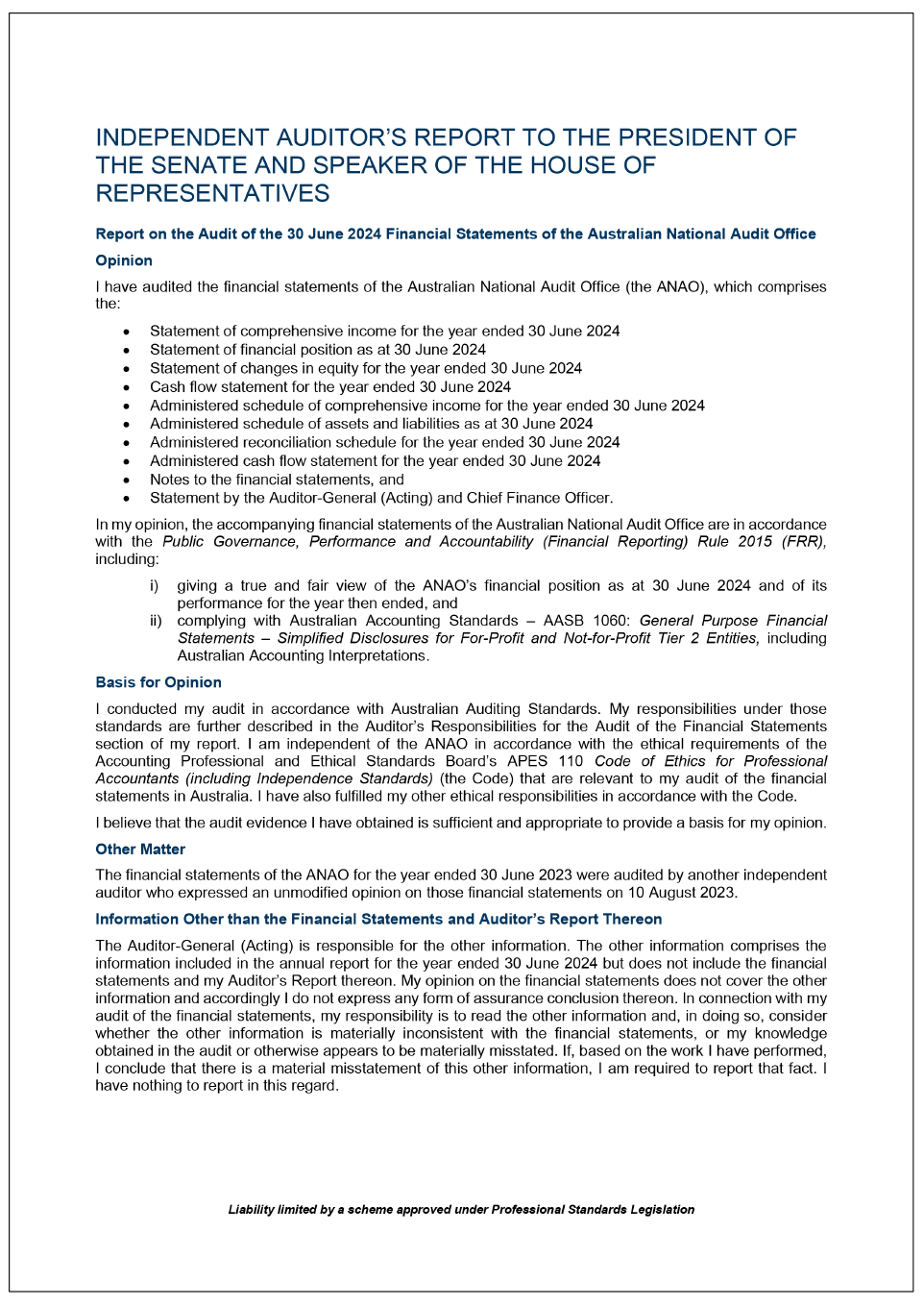 Page 1 of 2 of the Independent Auditor's report of the financial statements of the ANAO. 