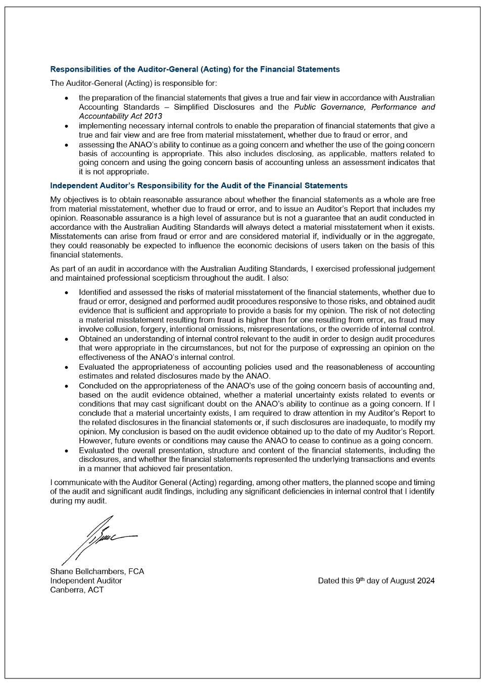 Page 2 of 2 of the Independent Auditor's report of the financial statements of the ANAO. 