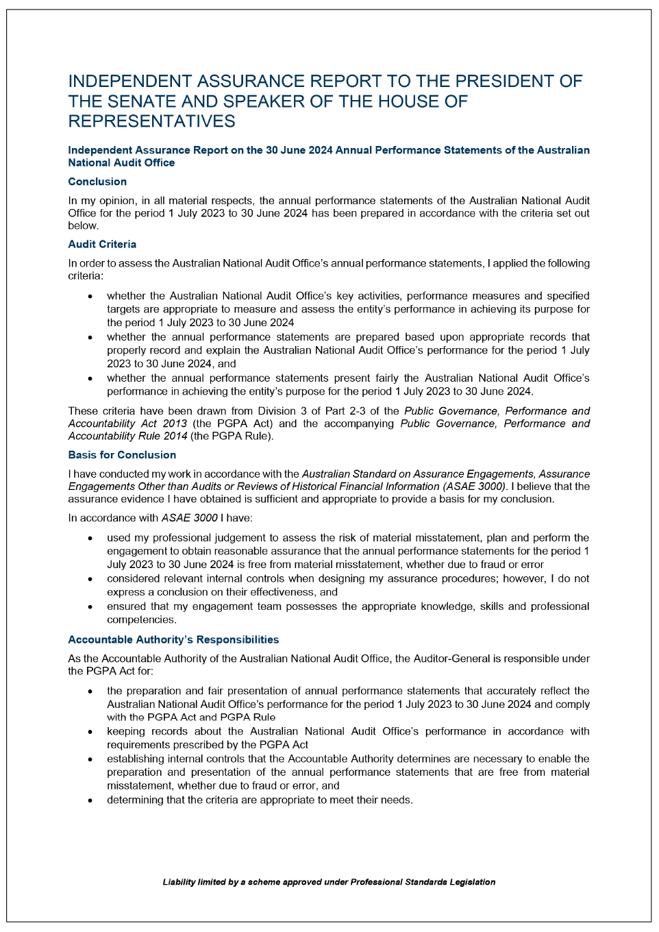 Page 1 of 2, of the Independent Auditor's assurance report on the ANAO's performance. 