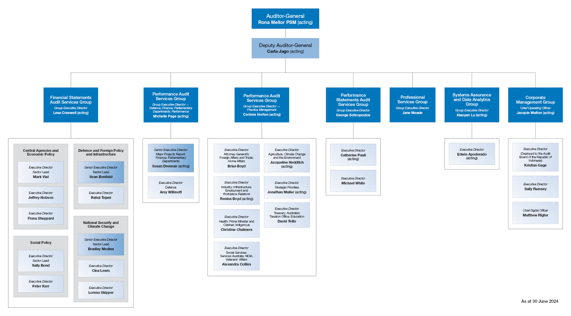 A diagram showing the organisational structure of the ANAO.