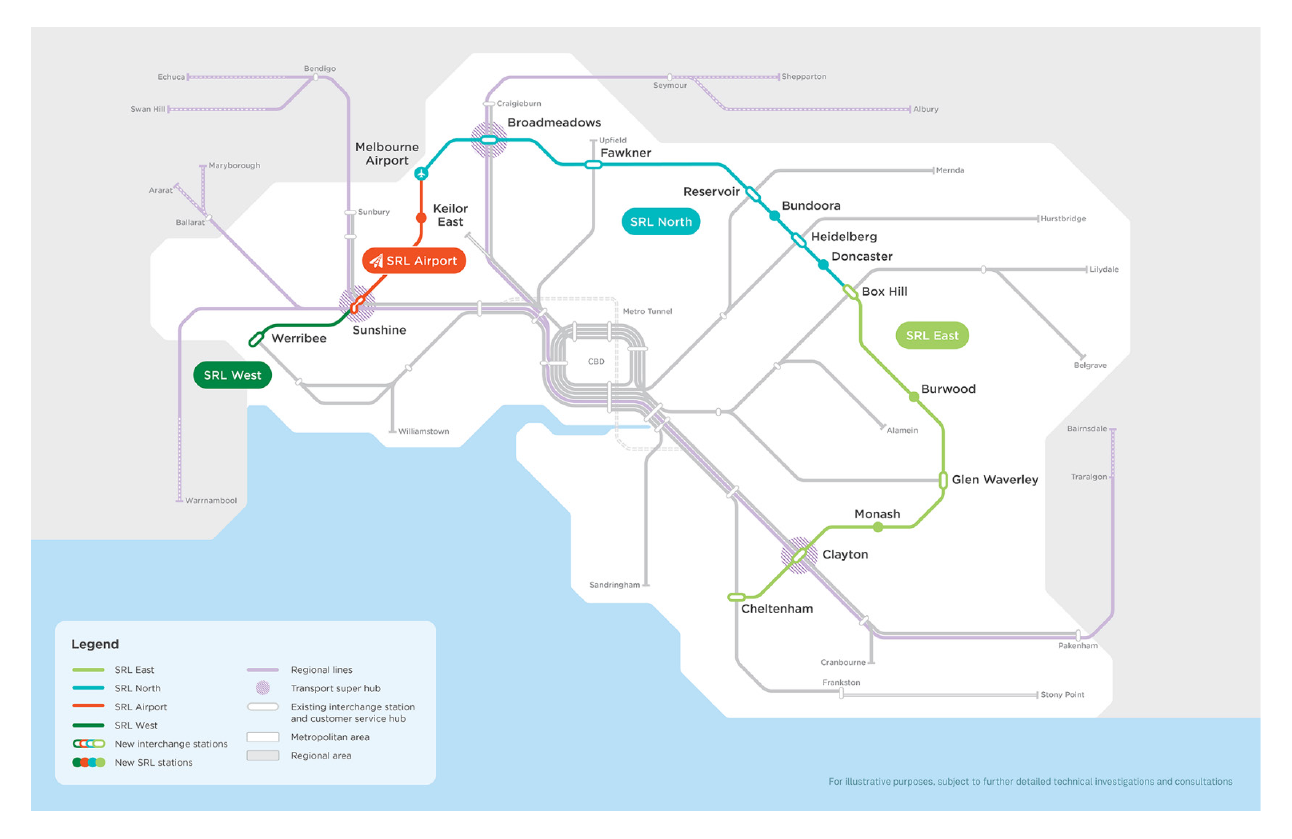 Shows a map of the proposed Suburban Rail Loop track from Cheltenham to Werribee. The network is divided into sections. 