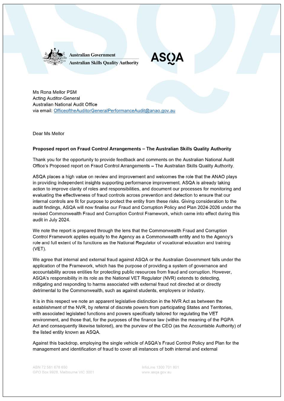 Page 1 image that outlines the ASQA’s response to the proposed audit report. In the response, the department acknowledges the findings in the report and accepted its recommendations.