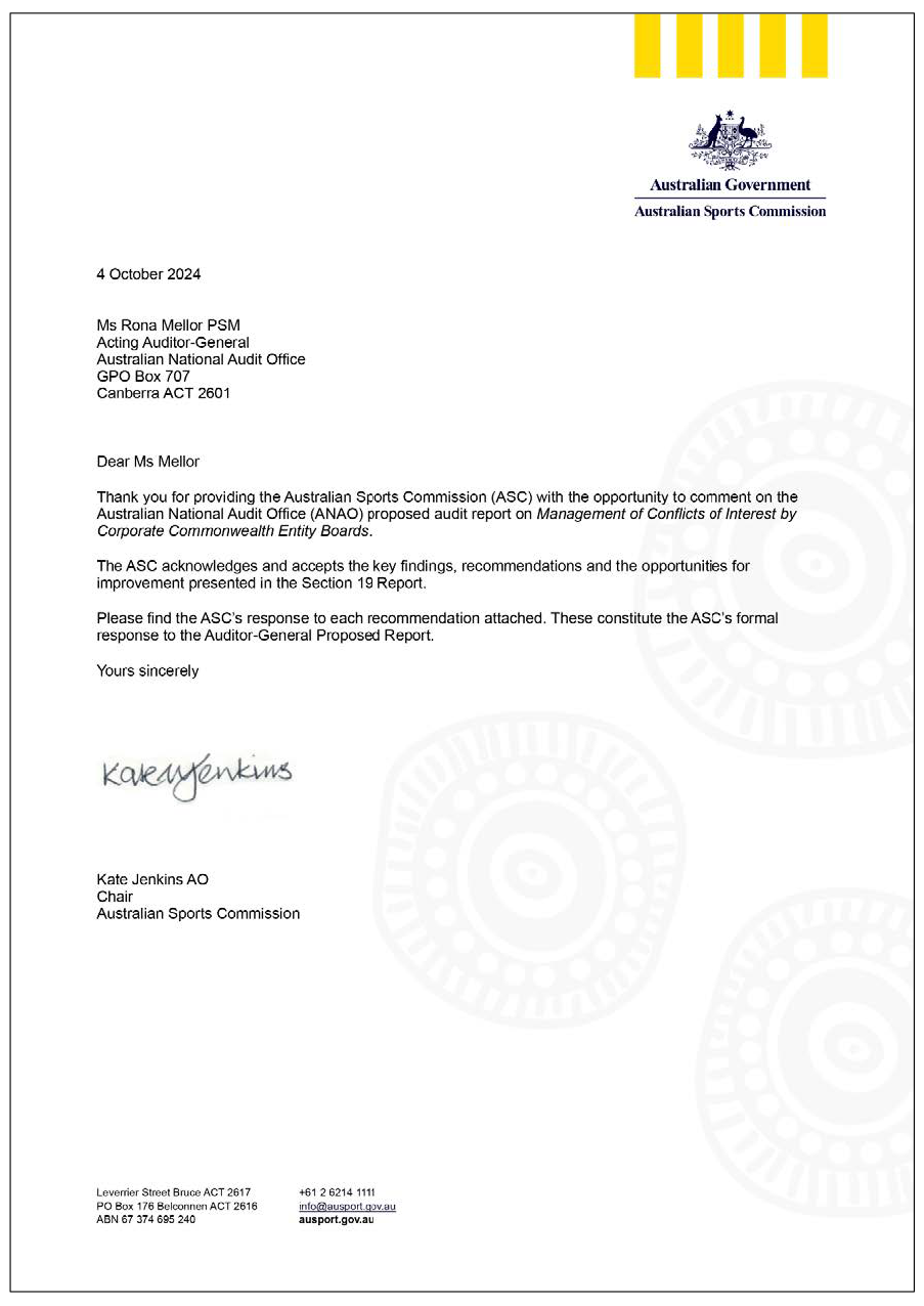 Page one of the response from the Australian Sports Commission. A summary of the response can be found in the summary and recommendations chapter.