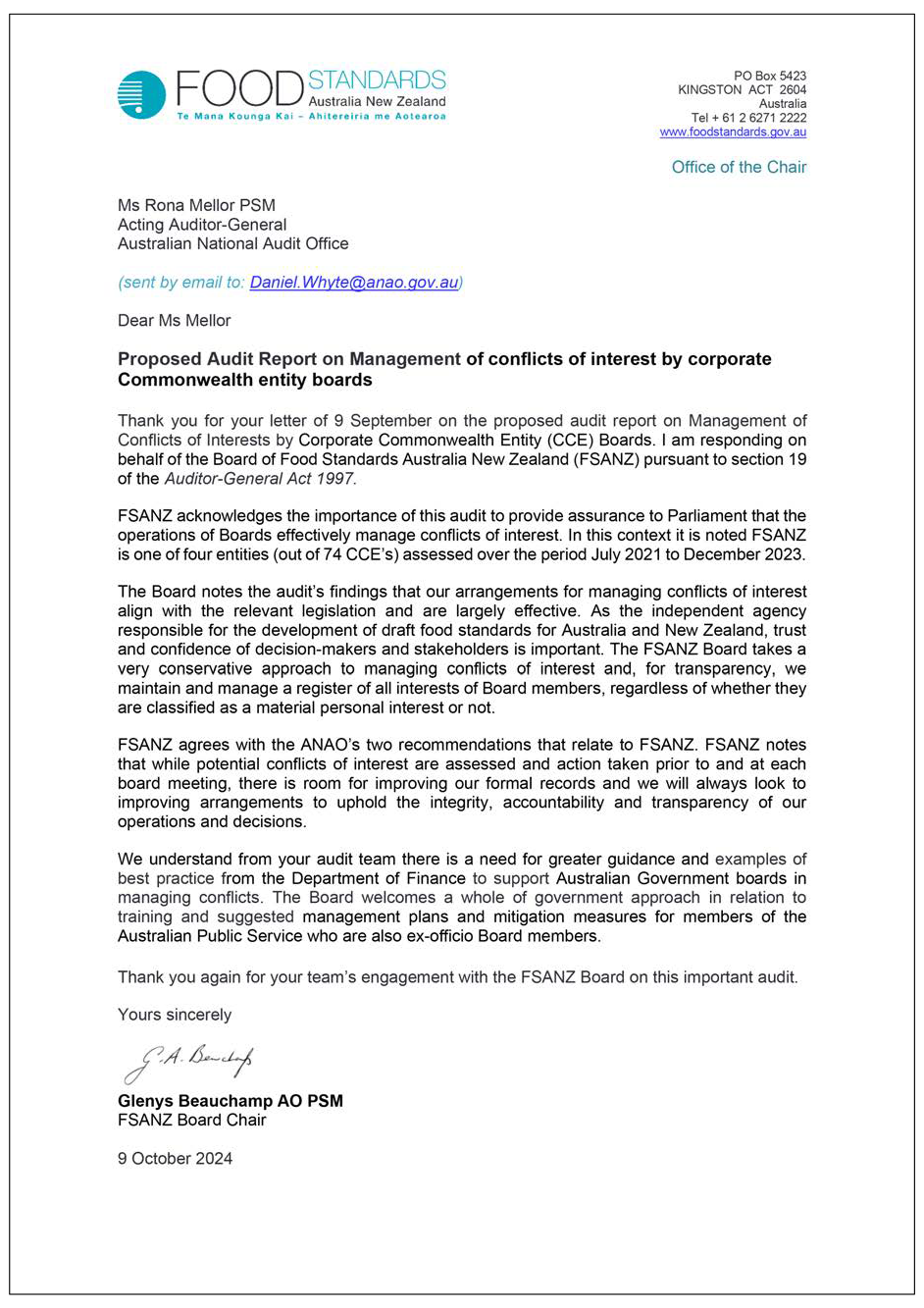 Page one of the response from the Food Standards Australia New Zealand. A summary of the response can be found in the summary and recommendations chapter.