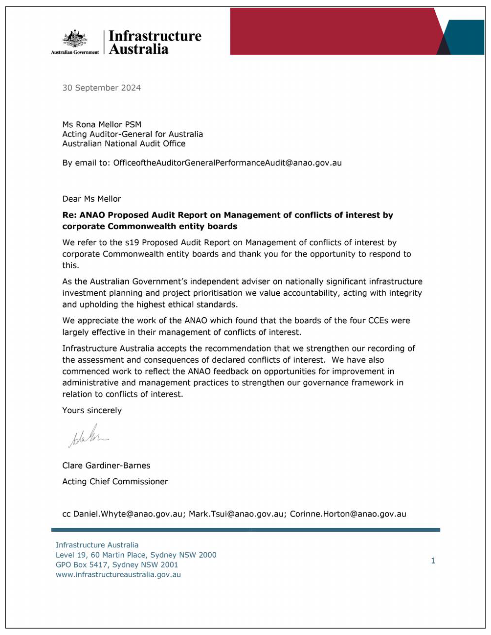 Page one of the response from the Infrastructure Australia. A summary of the response can be found in the summary and recommendations chapter.