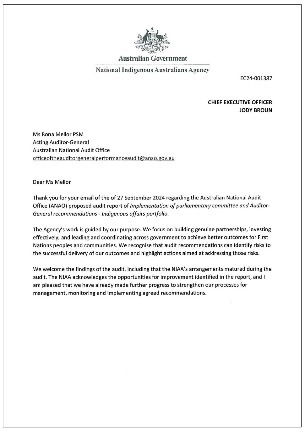 Page one of the response from the NIAA. A summary of the response can be found in the summary and recommendations chapter.